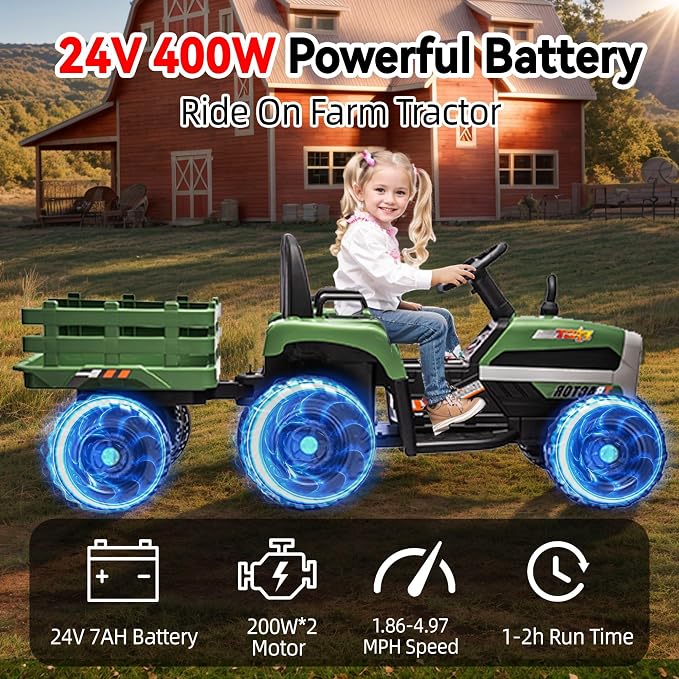 24V Ride on Tractor with Trailer, 400W Electric Car for Kids, Toddler Ride On Toy W/Remote Control, 3 Speed Adjustable, MP3, Bluetooth, LED Light, Green