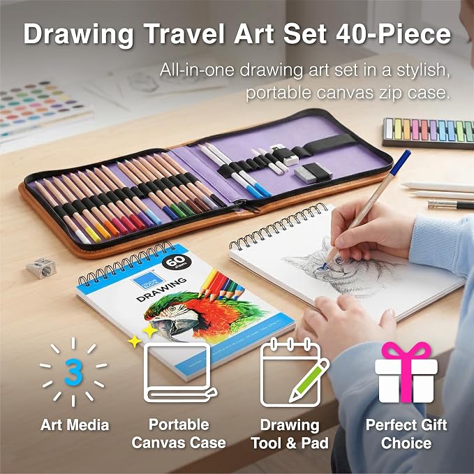 COLOUR BLOCK 40-Piece Drawing Travel Art Set – Portable Sketch and Drawing Art Kit with 16 Colored Pencils, 12 Soft Pastels, 2 Sketching Pencils, 8 Tools, Pad, Zip Case for Beginners, Artists, Adults