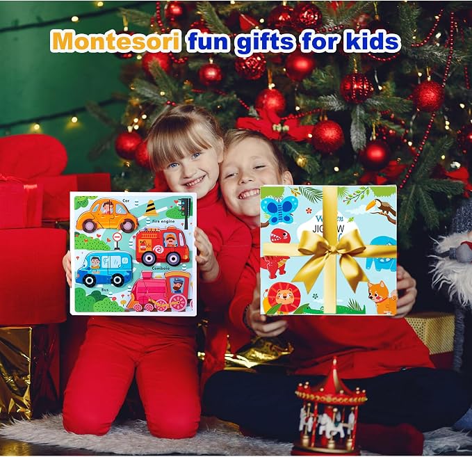 Jumbo Base Wooden Blocks Puzzles for Toddlers 1-3 ，Educational Toys for 2-3 Years Old,Toddler Montessori Gifts Vehicle Car Truck Puzzles Ages 2-4