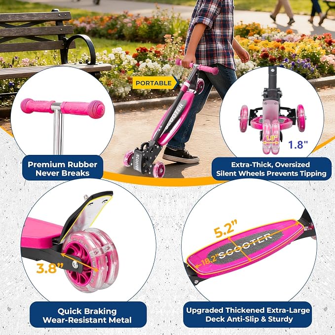 3 Wheel Scooter for Kids Ages 3-12, LED Light-Up Kids Kick Scooter–Portable Foldable, Adjustable Height, Durable Metal Construction, 6" Extra Wide Deck for Outdoor Activities,Child Safety Certified