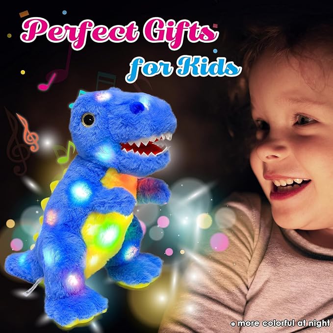 Light-up Plush Blue Dinosaur LED Stuffed Animal Birthday Christmas T-Rex Plushies Toy Gifts for Kids Toddler Girls, 12.5"