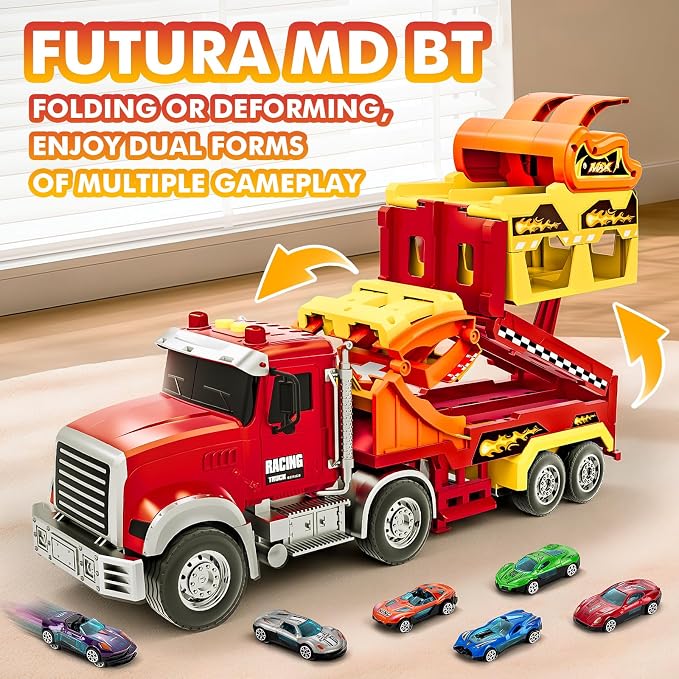 Kids Toys for 3 4 5 6 7 8 Years Old Boys, Carrier Truck Transport Car with Lights Sounds, Foldable Layer Car Race Track Playset with Race Track, 6 Metal Toy Cars, Christmas Birthday Gift for Toddler