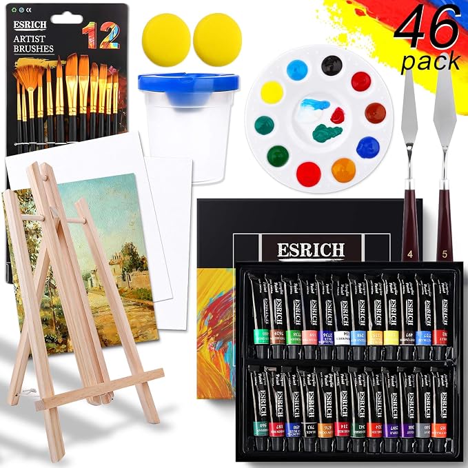 ESRICH Acrylic Paint Set,46 Piece Professional Painting Supplies with Paint Brushes, Acrylic Paints, Easel, Canvases, Palette, Paint Knives, Brush Cup and Art Sponges for Hobbyists and Beginners