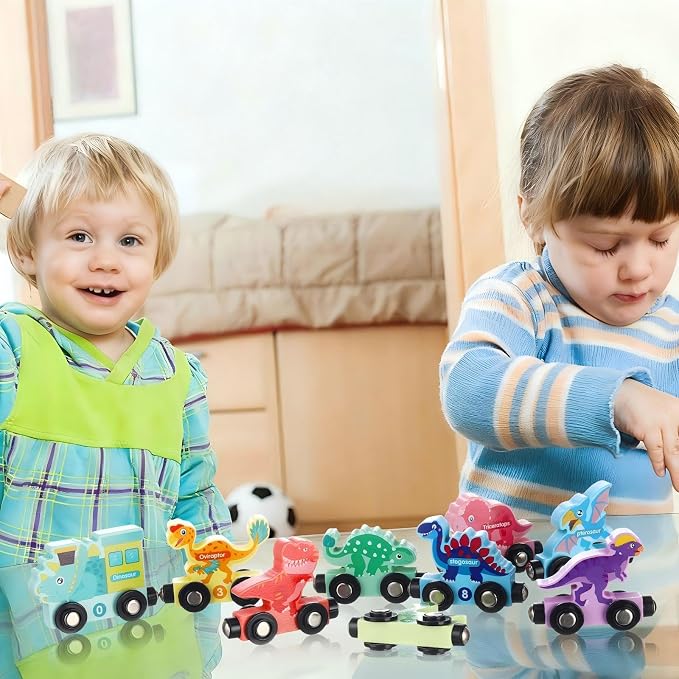 2 Set/24 Pcs Magnetic Dinosaur Animal Train Set Montessori Toys for Toddlers Wooden Dinosaur Animal Preschool Learning Activities Educational Sensory Easter Basket Stuffers Birthday Gifts
