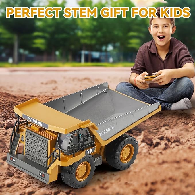 KIZJORYA Remote Control Dump Truck, RC Construction Vehicle for Kids with 9 Channel Metal Bed Light Sound & Rechargeable Battery, Electric Transport Garbage Truck Toy for Toddlers Boys Girls Age 6+