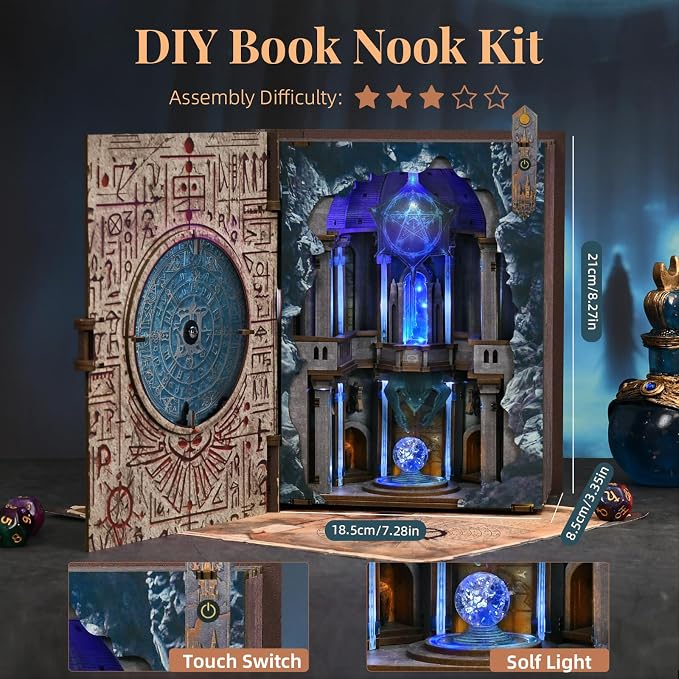 CCCDF Circle of Magic Book Nook Kit, Openable Magic Book Shaped Miniature Dollhouse, Closed Book Style Bookshelf Insert Decor with LED Light, DIY Wizard Themed Craft Gift for Teens and Adults