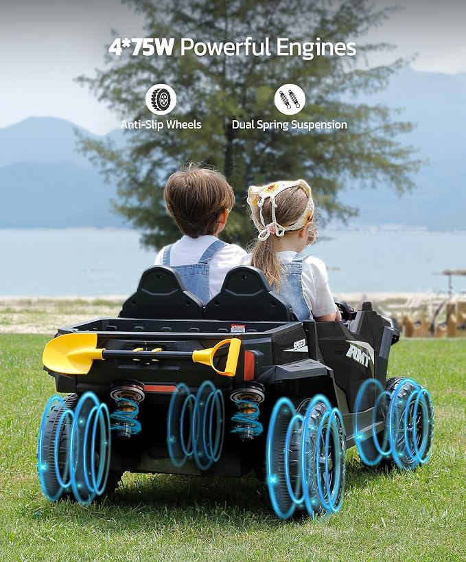 ELEMARA 24V Ride on Toy for Big Kids,Ride on Car 2 Seater w/Sun Shade,Dump Bed & Shovel,4.5MPH,4WD Electric Car for Kids,Battery Car w/Remote,Kids Ride on Truck,3 Speeds,LED Lights,Bluetooth, Black