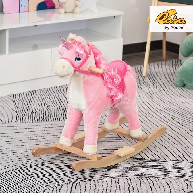 Qaba Rocking Horse, Kids Ride on Horse Unicorn Design with Wooden Base, Tail Wag & Sounds for Toddlers 3-6 Years Old, Pink
