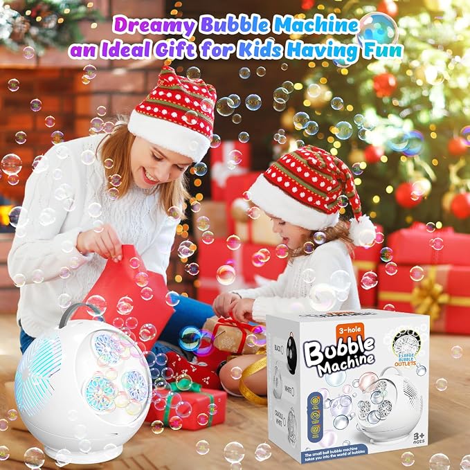 IFLOVE Bubble Machine for Kids 3+-45°/360° Rotating Bubble Blower with RGB LED Light,30000+ Bubbles Per Minute,Automatic Portable Bubble Maker for Boys Girls,Outdoor Party Easter Birthday Gift (White)