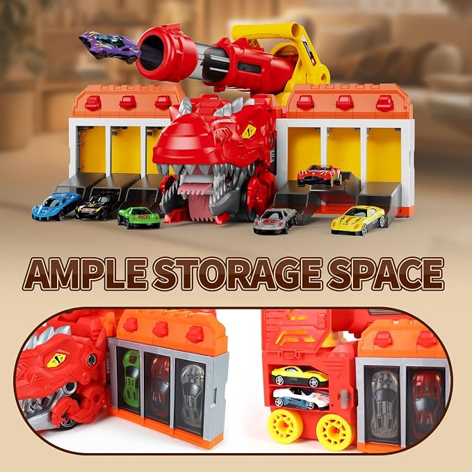 STBEIMEIMY Tyrannosaurus Rex Truck, Ejection Shooting Toy with 10 Cars & Storage Shooting Launcher Action, Foldable Storage Holds 10 Cars, 12 Soft EVA Balls, Safe for Toddlers 3+