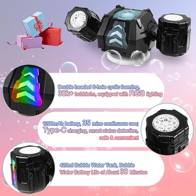 New RC Bubble Machine with RGB Lights, 360° Auto Rotation Bubbles Toy, Rechargeable Battery, Bubble Blower Maker for Kids, Parties, Birthday Gift, Weddings, Indoor Outdoor Activity, Black