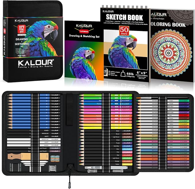 KALOUR PDAS 112 Drawing Set Sketching Kit, Pro Art Supplies with 3-Color Sketchbook & Coloring Book, Neon, Colored, Watercolor, Metallic, Graphite, Charcoal Pencils, Gift for Artists Adults Teens