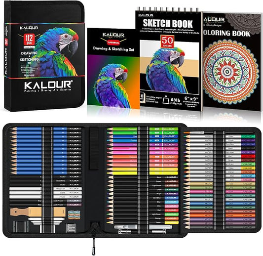 KALOUR PDAS 112 Drawing Set Sketching Kit, Pro Art Supplies with 3-Color Sketchbook & Coloring Book, Neon, Colored, Watercolor, Metallic, Graphite, Charcoal Pencils, Gift for Artists Adults Teens