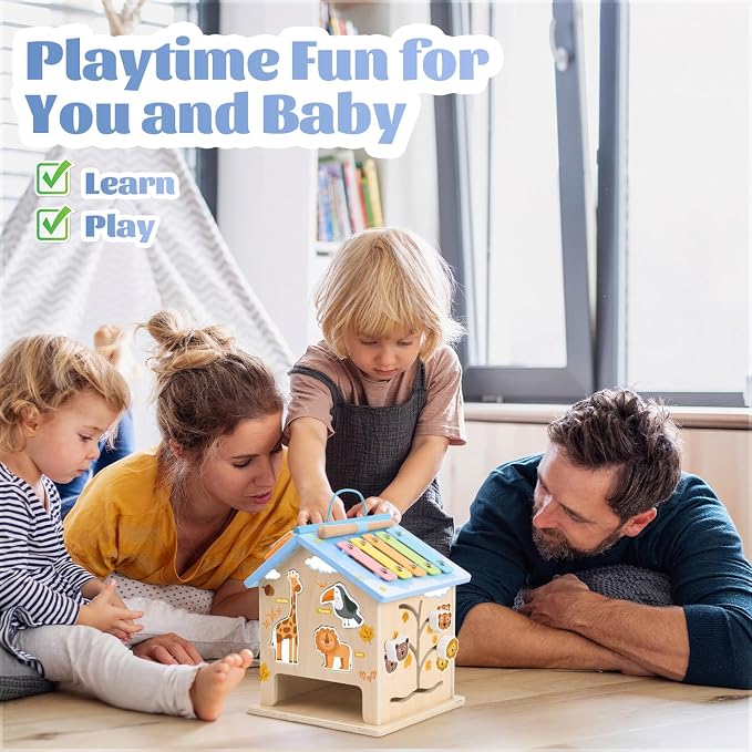 Wooden Activity Cube 8-in-1 Baby Activity Center Montessori Toys for 1 Year Old & Up Educational Learning Toys for Toddlers with Animal Friends