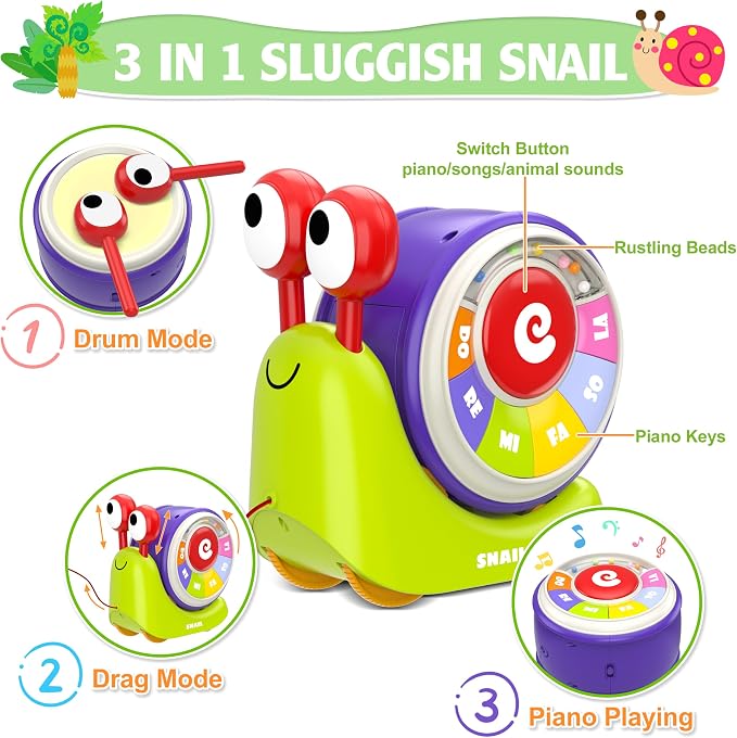 3 in 1 Pull Along Snail Toddler Toys, Baby Piano and Light Up Toddler Drum Set Early Learning Toys Toddler Gifts for Boys Girls, Baby Toys Musical Toys for Toddlers 1-3