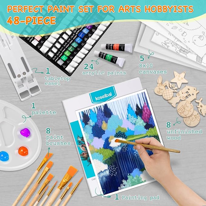 koseibal Acrylic Art Set with 24 Acrylic Paints, 8 DIY Wooden Stencils 5 Canvas Panels 8 Brushes, Table Easel, Etc, Painting Supplies Kit for Kids Students Artists and Beginner