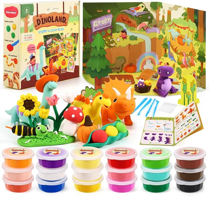 Air Dry Clay Kit for Kids, Modeling Magic Clays, 18 Colors with Storybook, DIY Tutorials, Tools & Scene Cards – Soft, Non-Sticky & Light, Clay Craft Gift for Boys & Girls Ages 3+ (Dinosaur)