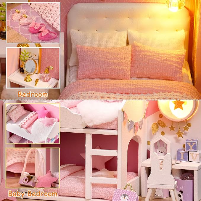 TuKIIE DIY Miniature Dollhouse Kit with Furniture, 1:24 Scale Creative Room Mini Wooden Doll House Accessories Plus Dust Proof & Music Movement for Kids Teens Adults(Dream Angels)