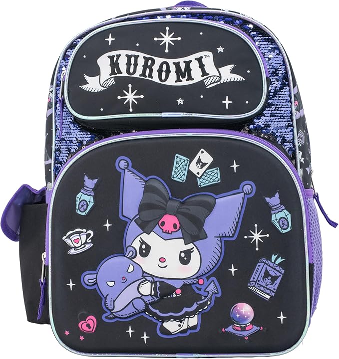 AI ACCESSORY INNOVATIONS Sanrio’s Hello Kitty Backpack for Girls, 16 Inch Kuromi, Kawaii School Bag with Flip Sequins & 3D Molded Front Pocket, Black
