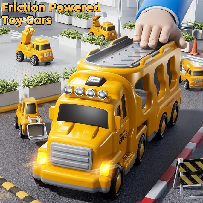 Construction Trucks Toys for 3 4 5 Years Old Boys - 5-in-1 Carrier Transport Vehicle Truck for Toddlers 3-4 Years with Crane, Mixer, Pushdozer and Excavator, Car Toys Birthdays Gift