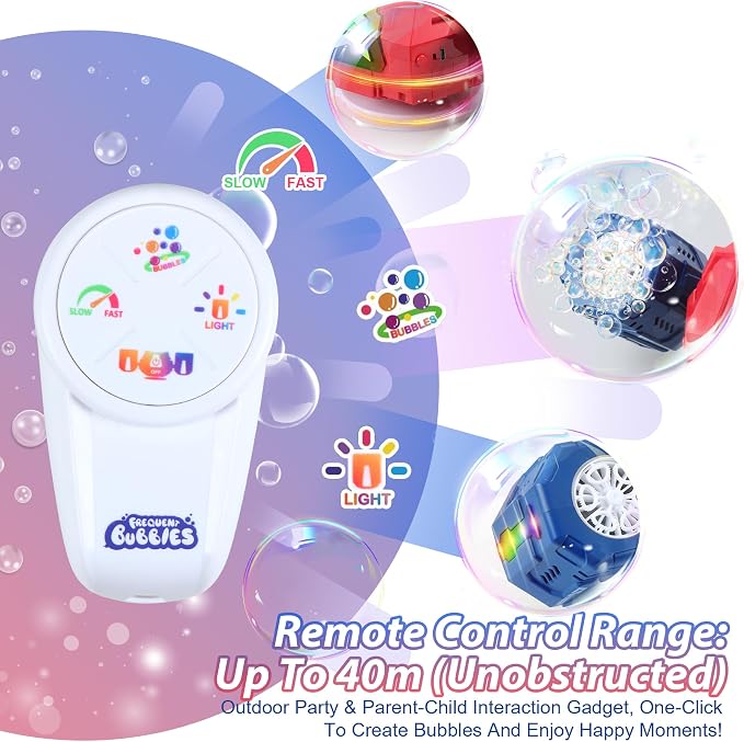 New RC Bubble Machine with RGB Lights, 360° Auto Rotation Bubbles Toy, Rechargeable Battery, Bubble Blower Maker for Kids, Parties, Birthday Gift, Weddings, Indoor Outdoor Activity, Red-Blue