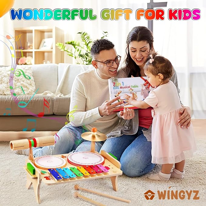 Wingyz Kids Drum Set for Toddlers Baby Music Instruments 7 in 1 Montessori Preschool Musical Toys Children Drum kit Xylophone Tambourine Birthday Gifts for Boys and Girls