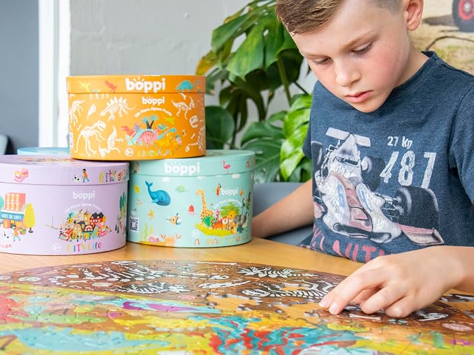 boppi Dinosaurs Round Jigsaw Puzzle with 100% Recycled Card T-rex Stegosaurus and Triceratops Fossils 150 Pieces for Children 5 6 7 8 Years 58cm Diameter