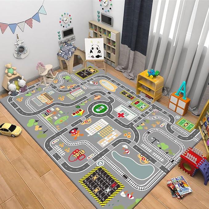 Kids Rug Play Mat Great for Playing with Cars and Toys,Educational Kid Road and Traffic City Life Carpet,Children Baby Fun Throw Rug for Bedroom Play Room,47X63Inch/120X160CM