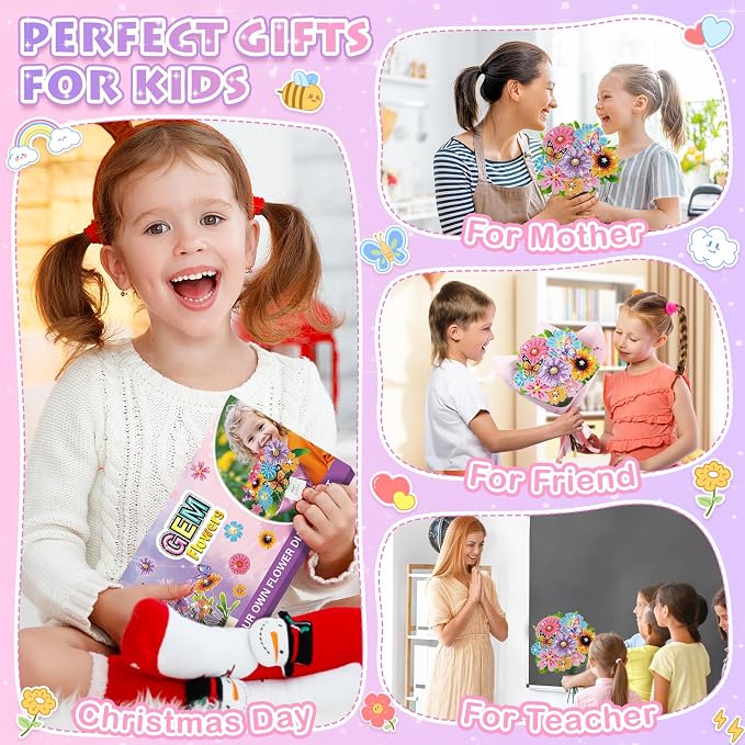 Crafts for Girls 8-12 - Make Your Own GEM Art Flower Bouquet - Arts and Crafts for Kids Ages 8-12 - Diamond Art Kits for Kids - 5D Dimond Art Paintings - DIY Art & Craft Gifts for 4 5 6 7 10 Year Old