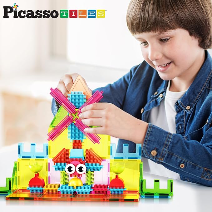 PicassoTiles Magnetic Tiles & Hedgehog 2-in1 Interlocking Brush Connector Magnet Building Blocks Construction Set Learning Playset STEM Toys Development Preschool Education Toy Toddler Age 3 Up PTE21