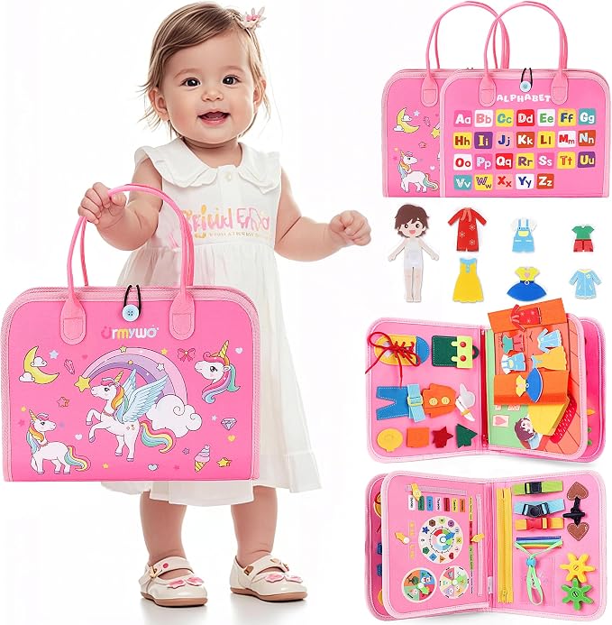URMYWO Toddler Busy Board - Busy Book Montessori Toys Ages 3 and up - Preschool Learning Activities with Alphabet Number Animal, Educational Travel Toys Birthday Gifts for Kids