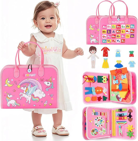 URMYWO Toddler Busy Board - Busy Book Montessori Toys Ages 3 and up - Preschool Learning Activities with Alphabet Number Animal, Educational Travel Toys Birthday Gifts for Kids