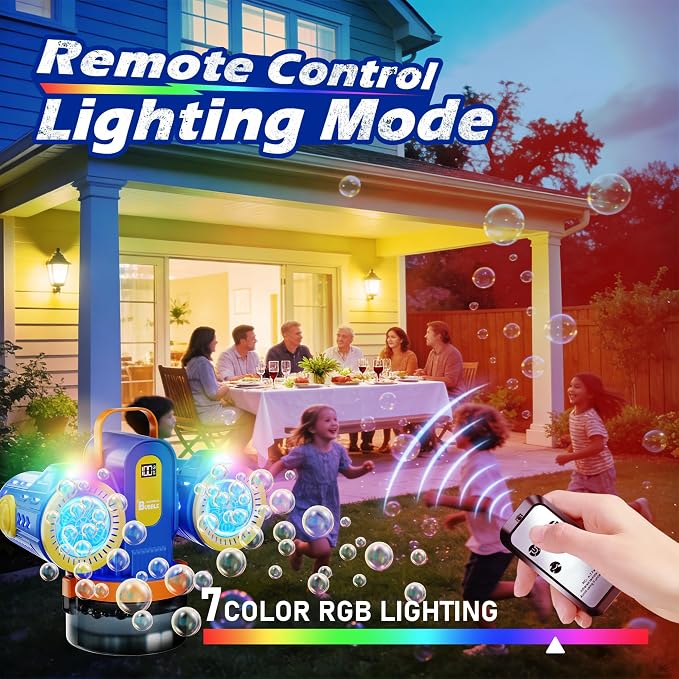 Dual-Engine Bubble Machine with Auto Rotation & RGB Lights & Remote Control,1800mA Type-C Rechargeable,700mL Tank,Bubble Maker for Kids, Party, Wedding, Backyard Outdoor Toy