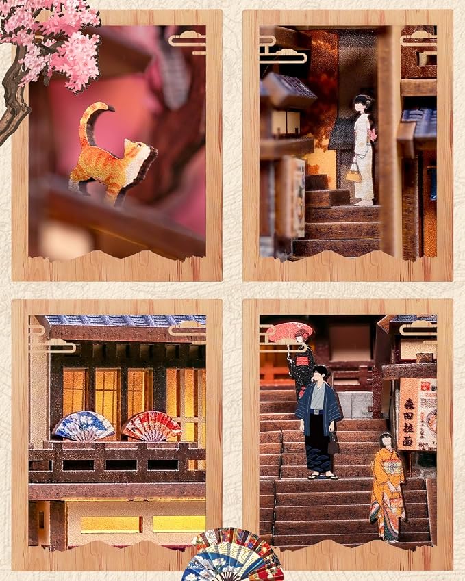 CUTEBEE Book Nook Kit Sakura Wine Alley, 3D Wooden Puzzle Booknook for Adults,LED Bookshelf Decor,DIY Miniature Dollhouse Bookend, Crafts Gifts for Adults, Teens & Book Lovers (Twilight Sakura Path)