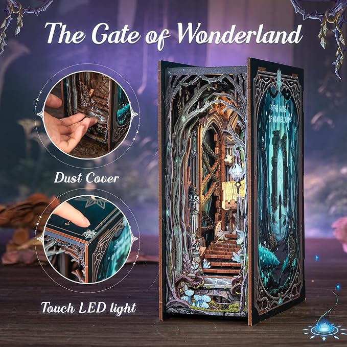 Cutefun Book Nook Kit - DIY Miniature House Kit for Adults and Teens, DIY Dollhouse Bookshelf Insert with LED Light, Gifts for Family and Friends (The Gate of Wonderland)