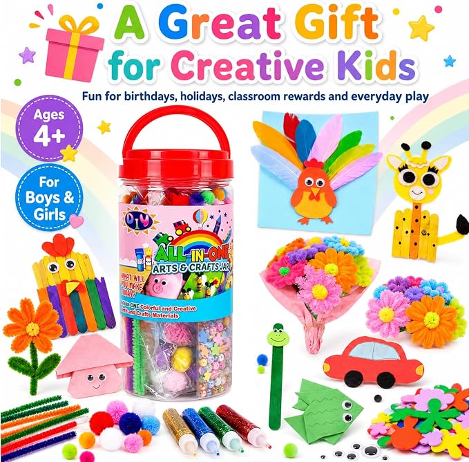 FUNZBO Arts and Crafts Supplies for Kids - Toddlers Craft Kit with Glitter Glue Stick, Pipe Cleaners, Pom Poms, Popsicle Sticks Tools, DIY School Supplies Kit, Birathday Gifts for Girls Boys Age 4+