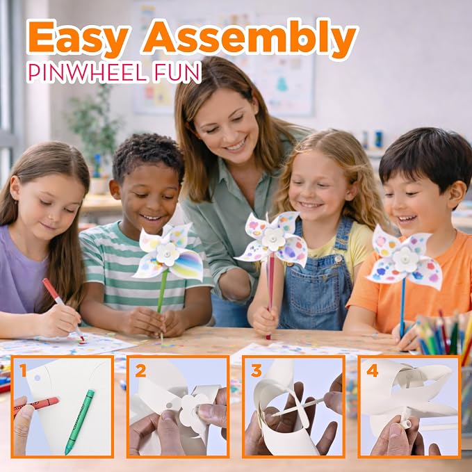 4E's Novelty DIY Pinwheels Craft for Kids (100 Pack) Color Your Own White Pinwheels, Bulk Summer Spring Craft Kit for Boys & Girls, Arts and Craft Party Activity, Easter Craft for Kids Bulk