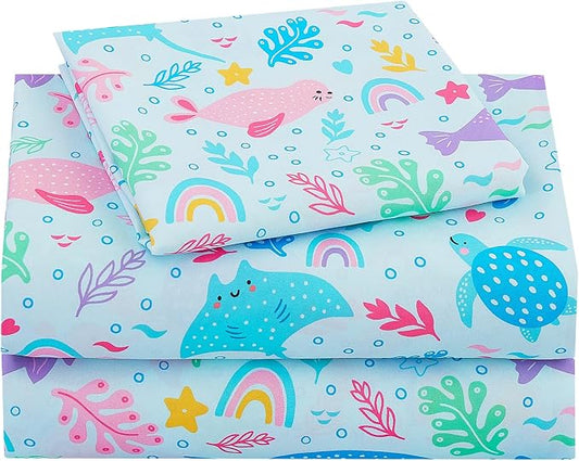 Viviland 3 Pieces Girls Blue Marine Twin Sheet Set - Soft Microfiber Fitted Flat Sheets & Pillowcase Bed Sheet Set - Colorful Marine Animals Print Bedding Sets for Kids