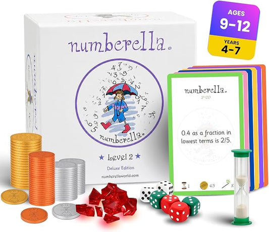 Numberella Deluxe Math Card Game – Level 2 | Ages 10–13, Grades 5–7 | Fractions, Decimals & Percentages | Award-Winning STEM Board Game | 432 Questions, 6 Card Types | 2–5 Players