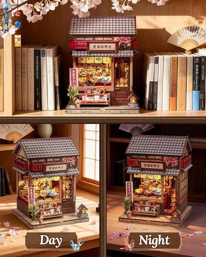 Book Nook Kit - DIY Miniature Japanese Fan House, 3D Wooden Puzzle Dollhouse with LED Lights, Tiny Bookend & Creative Bookshelf Decor, Crafts Gifts for Adults