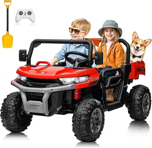 Joyracer 4WD 24 Volt Ride on Toys, 800W Ride on Truck for Kids, 2 Seater Power Car Wheels w/Dump Bed & Shovel, Ride on UTV w/Remote Control, Bluetooth, LED Lights, Red