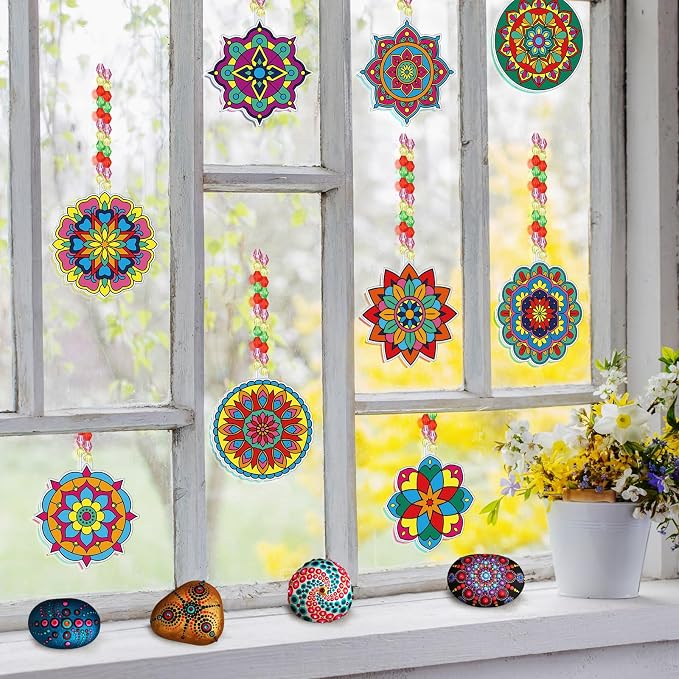 Pasimy 36 Sets Mandala Suncatchers Crafts Kit Flower Window DIY Hanging Ornaments Decorations Spring Summer Paint Your Own Activities Arts Project Party Favors Gifts for Mother Classroom Home