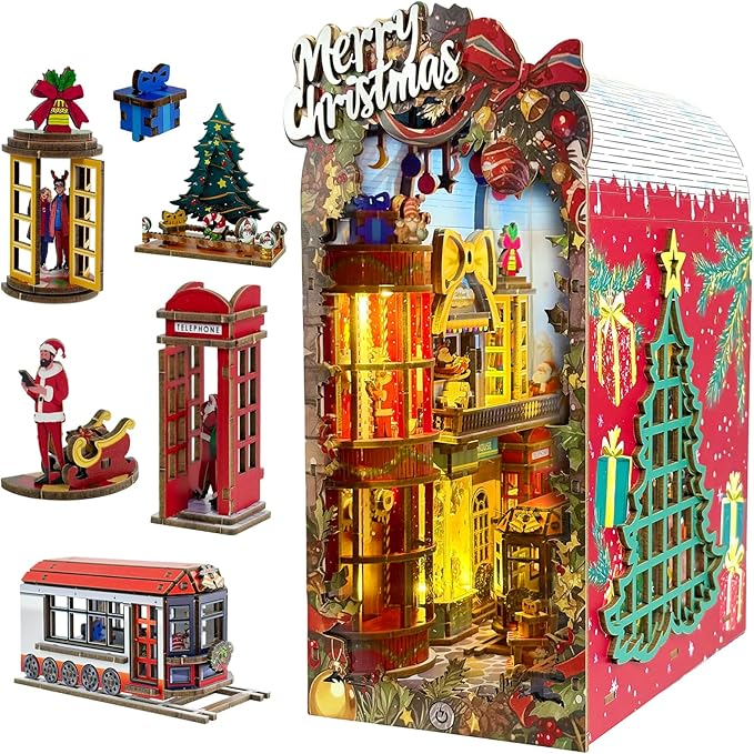 Christmas Book Nook Kit – DIY Miniature House Dollhouse Kit for Adults & Teens, 3D Wooden Puzzle Tiny House Bookshelf Decor, for Family and Friends