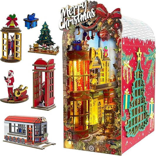 Christmas Book Nook Kit – DIY Miniature House Dollhouse Kit for Adults & Teens, 3D Wooden Puzzle Tiny House Bookshelf Decor, for Family and Friends