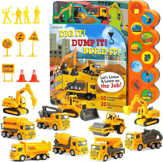 iGRATENS Construction Toys with Sound Books - Dig It! Dump It! Build It! Construction Board Book with 10 Buttons & 20 PCS Toys for 3+ Year Old, Great for Little Alloy Truck Lovers Kids