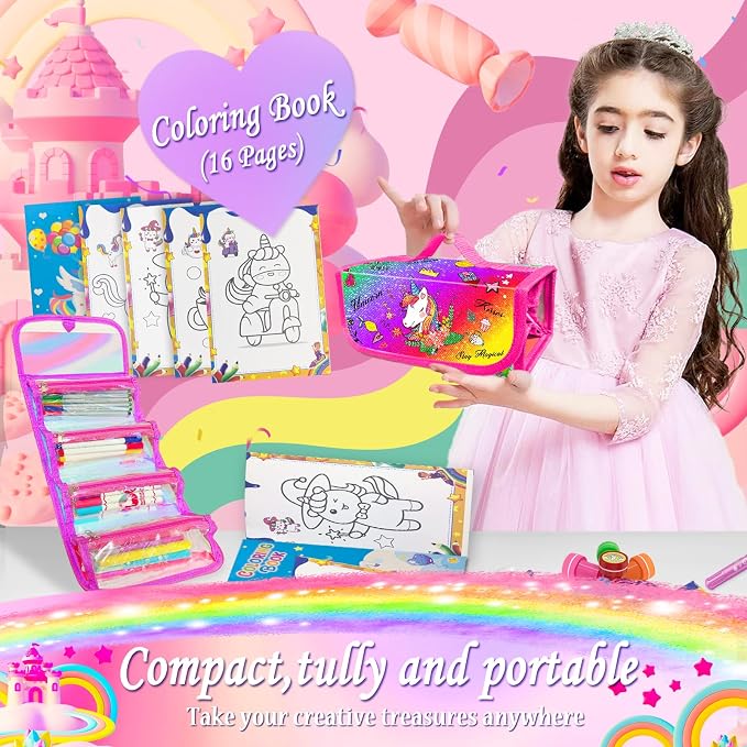 weirtoya 56 PCS Washable Scented Markers with Glitter Pencil Case, Mermaid Unicorn Arts and Crafts for kids 4-6-8 Kids Coloring Drawing Kits for 4-8 Years Old Girls Xmas Gifts Stocking Stuffers