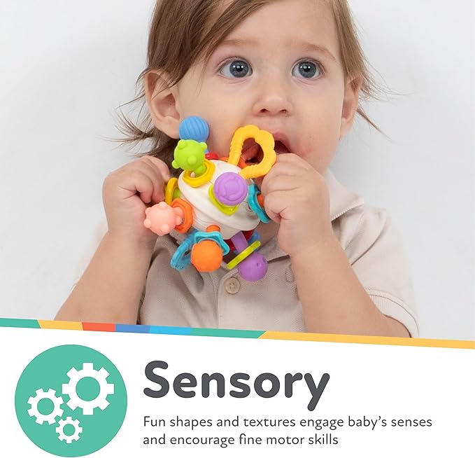 Nuby Twist Ball Teether Activity Toy with Rattle and Fun Bright Colors - Montessori Sensory Toy Develops Fine Motor Skills - 3 + Months