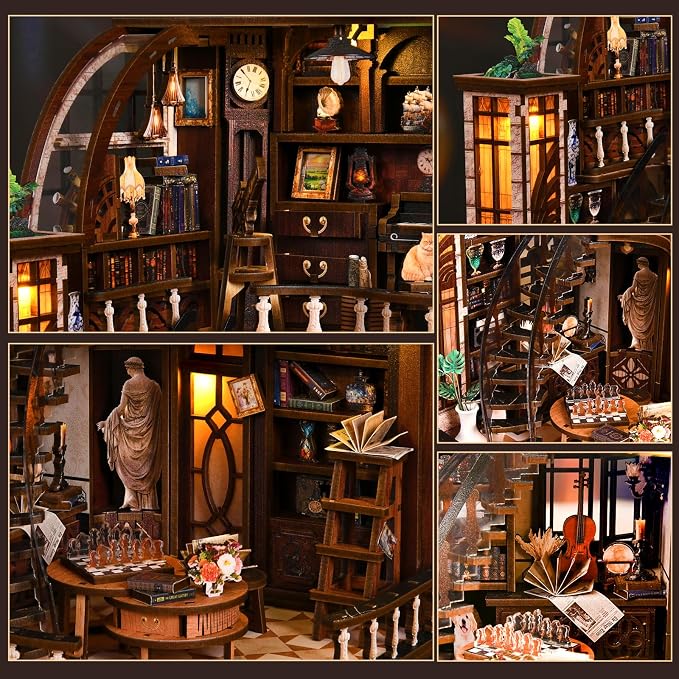 DIY Miniature House Kit, 3D Wooden Puzzle for Adults, Book Nook Kit with Touch LED Light, Library Bookshelf Insert, Creative Hobby Craft Gift for Bibliophiles (Bacchus Bookstore)