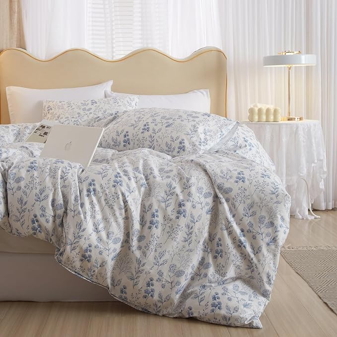 Vintage Flower Comforter Set King Blue Floral Bedding Comforter Cottagecore Flower Botanical Comforter Set Fluffy Soft Coquette Bedding King Size Lightweight Boho Floral Comforter with 2 Pillowcases