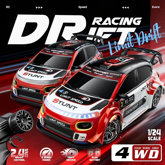 RC Drift Car, 1/24 Remote Control Drift Car for Adults Kids, 20KM/H 4WD Low/High Speed RC Cars with LED Lights, Extra Drifting Tires, Vehicle for Boys Girls Beginners Indoors Outdoors Red